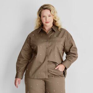 new Size 1X Future Collective Women's Embellished Twill Shacket in Olive color